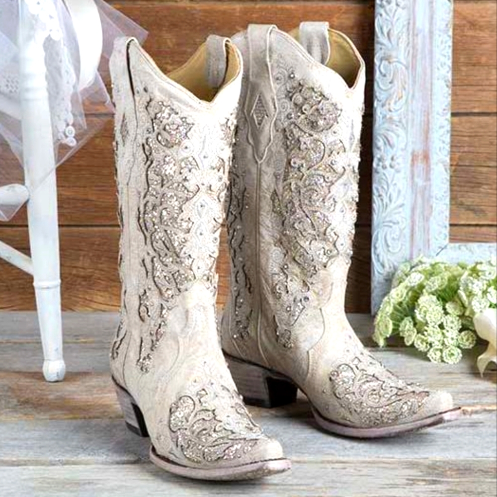 CORRAL A3322 Ivory distressed leather glitter Bridal Collection cowgirl boot 9.5